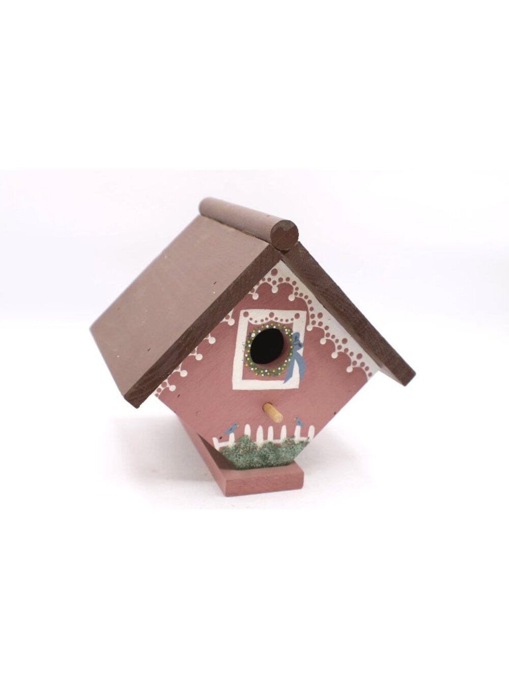 Handmade Painted Pink Brown Wooden Birdhouse Floral Accents Rustic Decor 8x7x7"